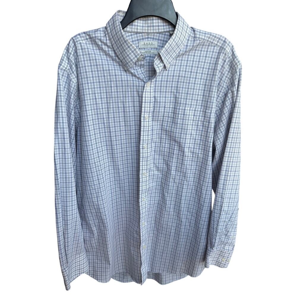ENRO Non-Iron Dress Shirt Mens 16.5 Large Blue White Check Button Down Cotton